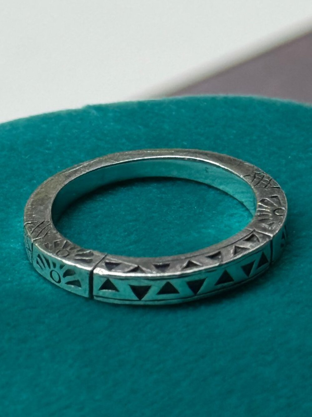 Vintage Southwestern Sterling Silver Stamped Ring with Triangle and Sun Motif